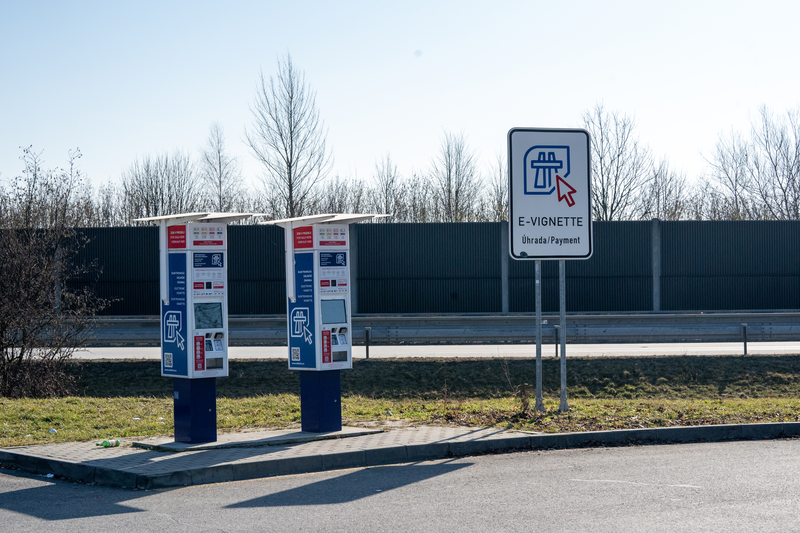 Two Czech e-vignette self-service payment machines with Úhrada/Payment sign at the EuroOil petrol station near the Český Těšín–Cieszyn border crossing