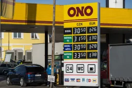 Fuel prices in CZK and EUR at an ONO petrol station near the Austrian-Czech border at Dolní Dvořiště, captured on February 26, 2026